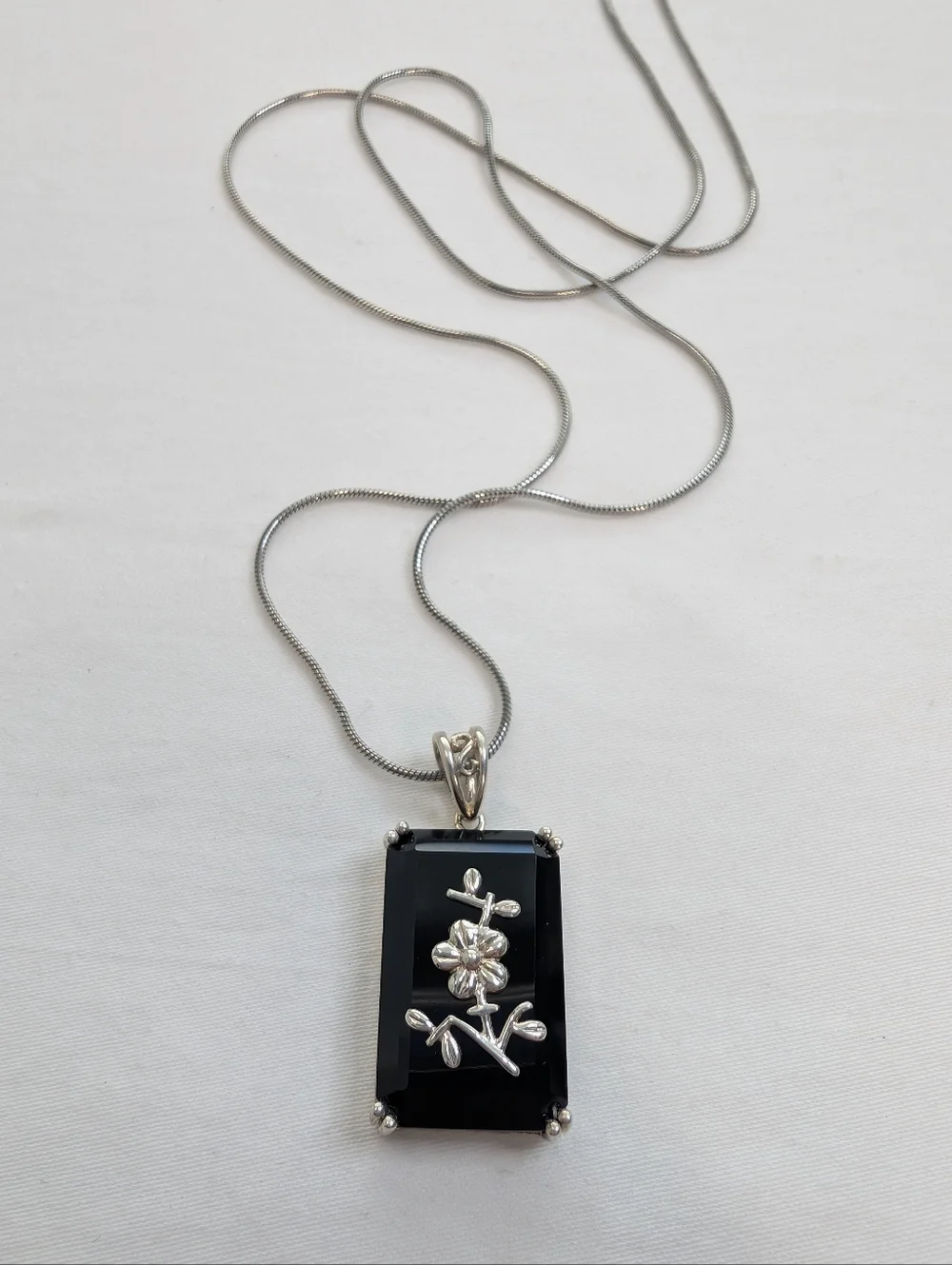 VTG 925 Sterling Silver Black Onyx Flower Pendant Rectangle Necklace Fine Jewelr
